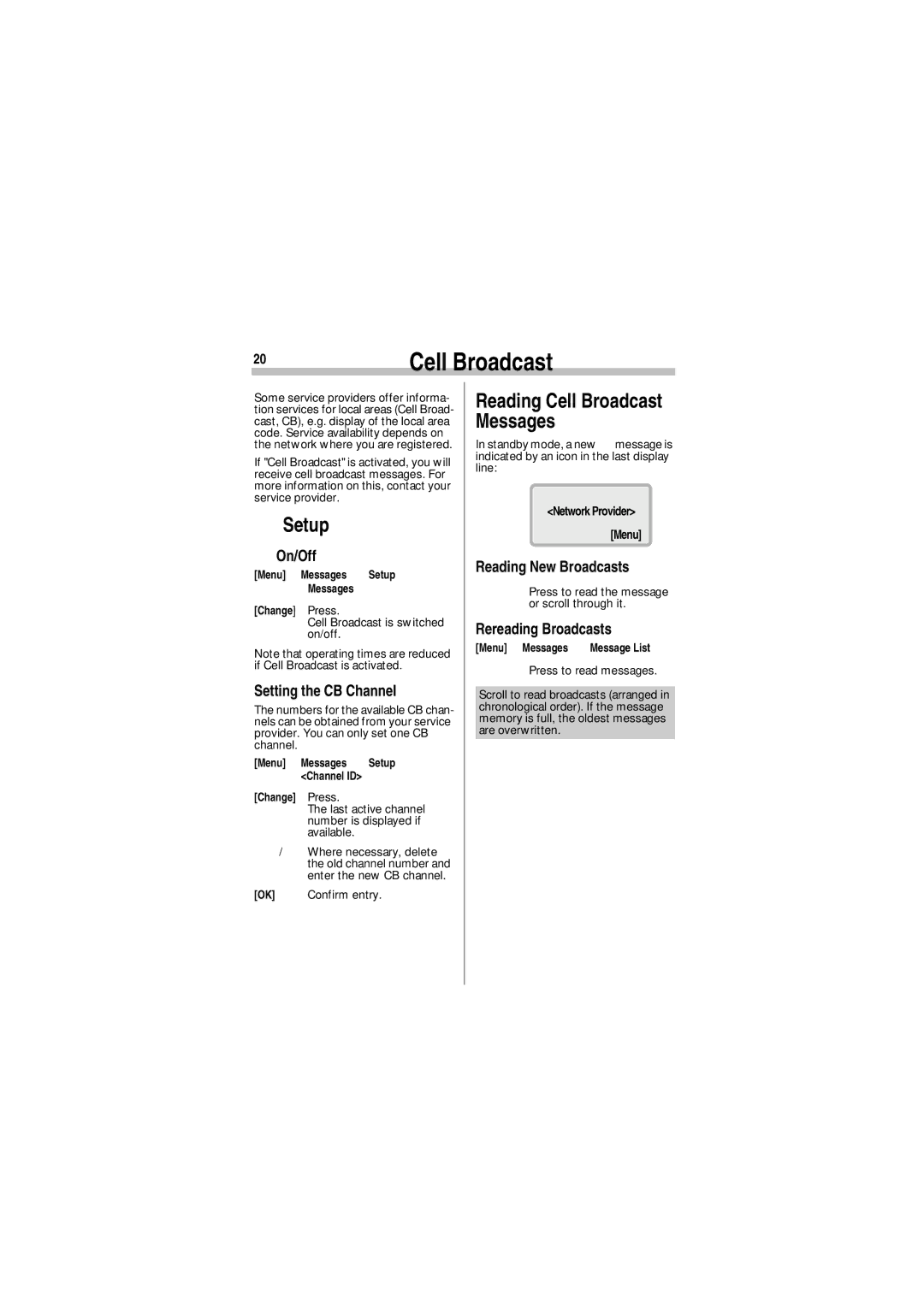 Siemens A35 manual Setup, Reading Cell Broadcast Messages 