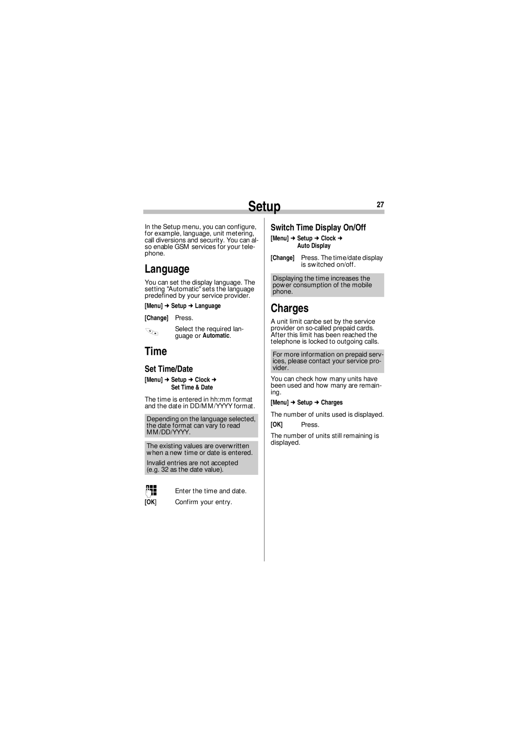 Siemens A35 manual Setup27, Language, Time, Charges 