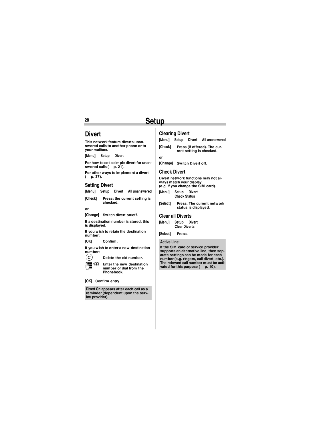 Siemens A35 manual 28Setup, Divert 