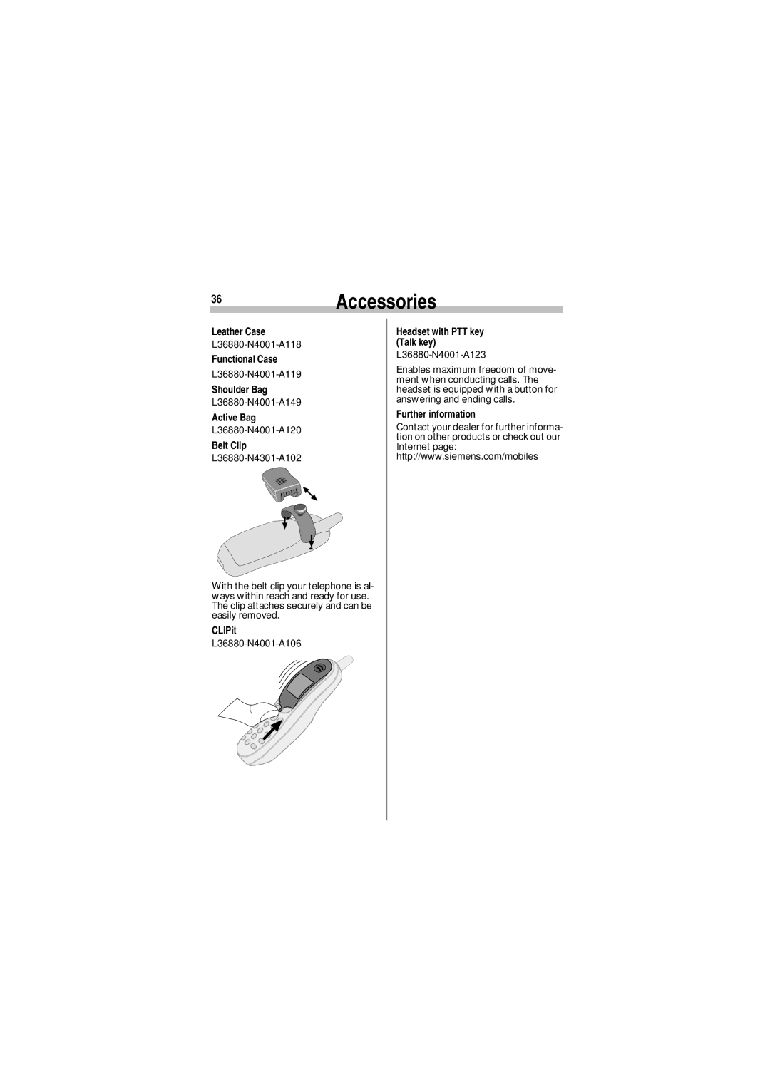 Siemens A35 manual 36Accessories 