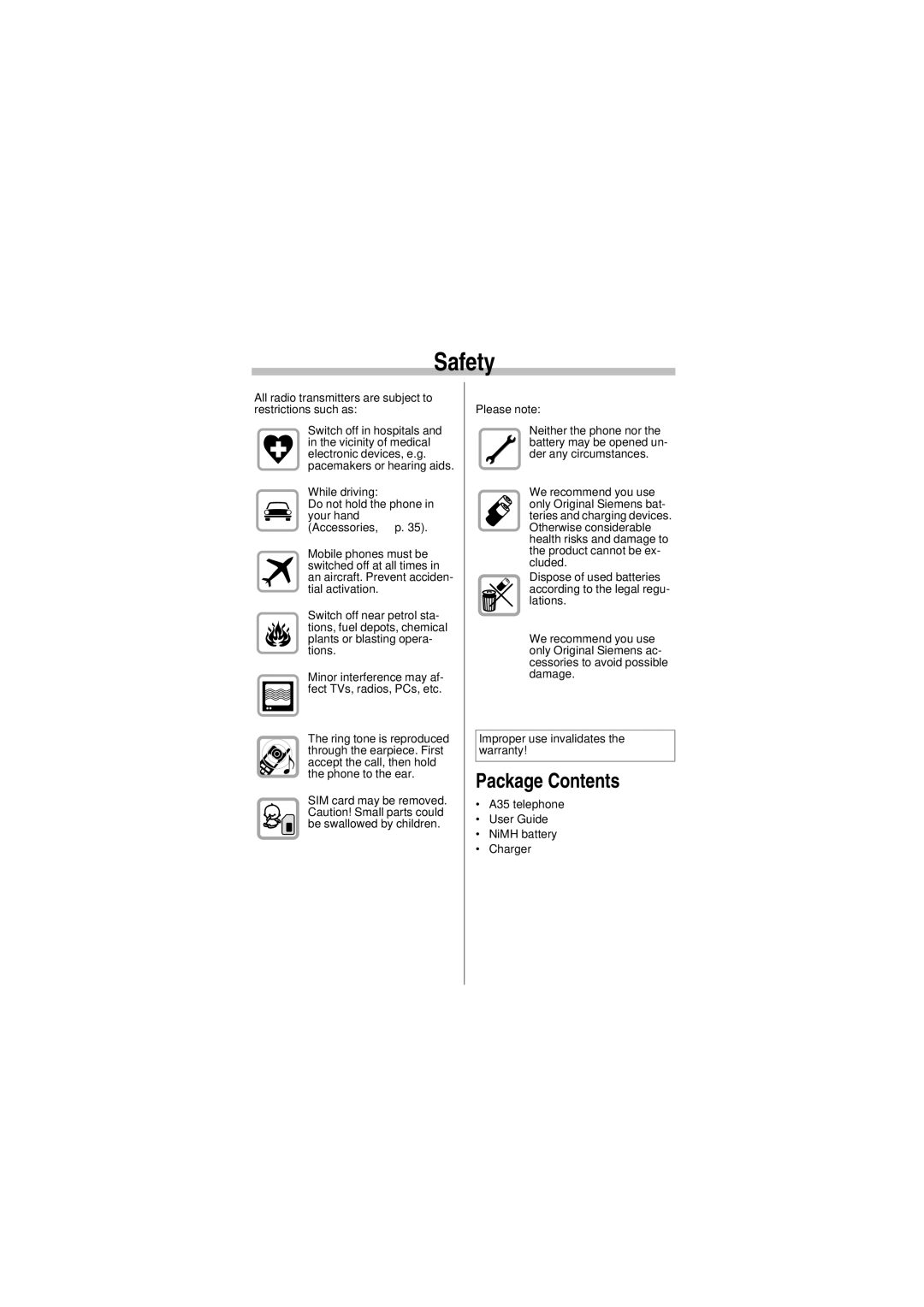 Siemens A35 manual Safety3, Package Contents, All radio transmitters are subject to restrictions such as, Please note 