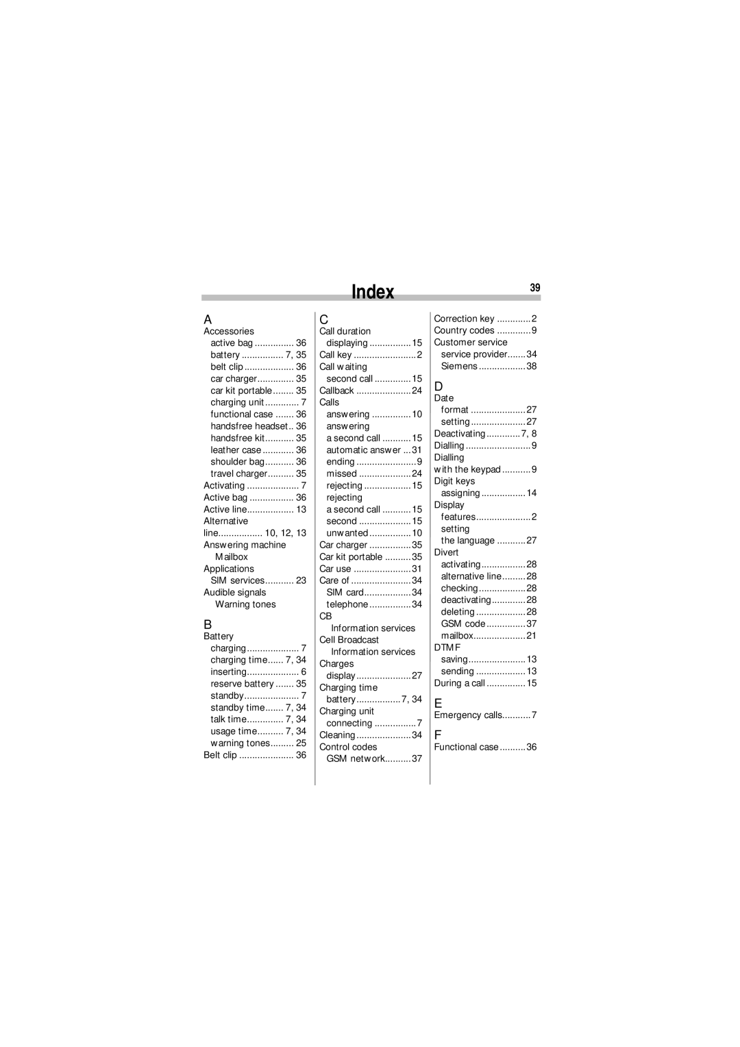 Siemens A35 manual Index 