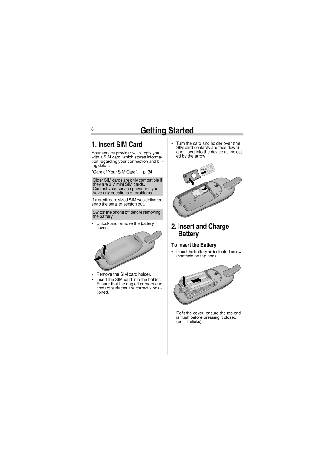 Siemens A35 manual Getting Started, Insert SIM Card, Insert and Charge Battery, To Insert the Battery 