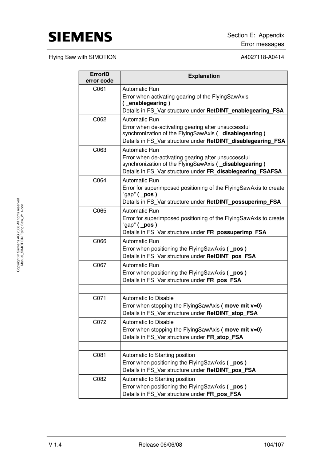 Siemens A4027118-A0414 user manual Section E Appendix 