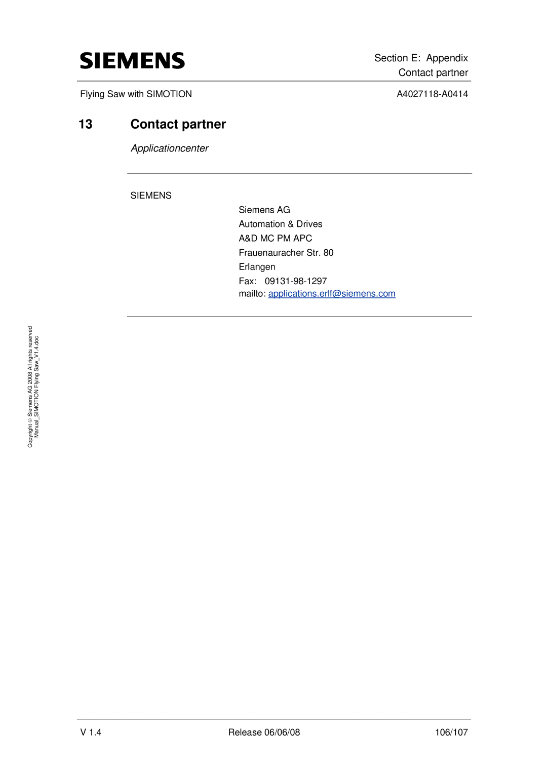 Siemens A4027118-A0414 user manual Contact partner, Applicationcenter 