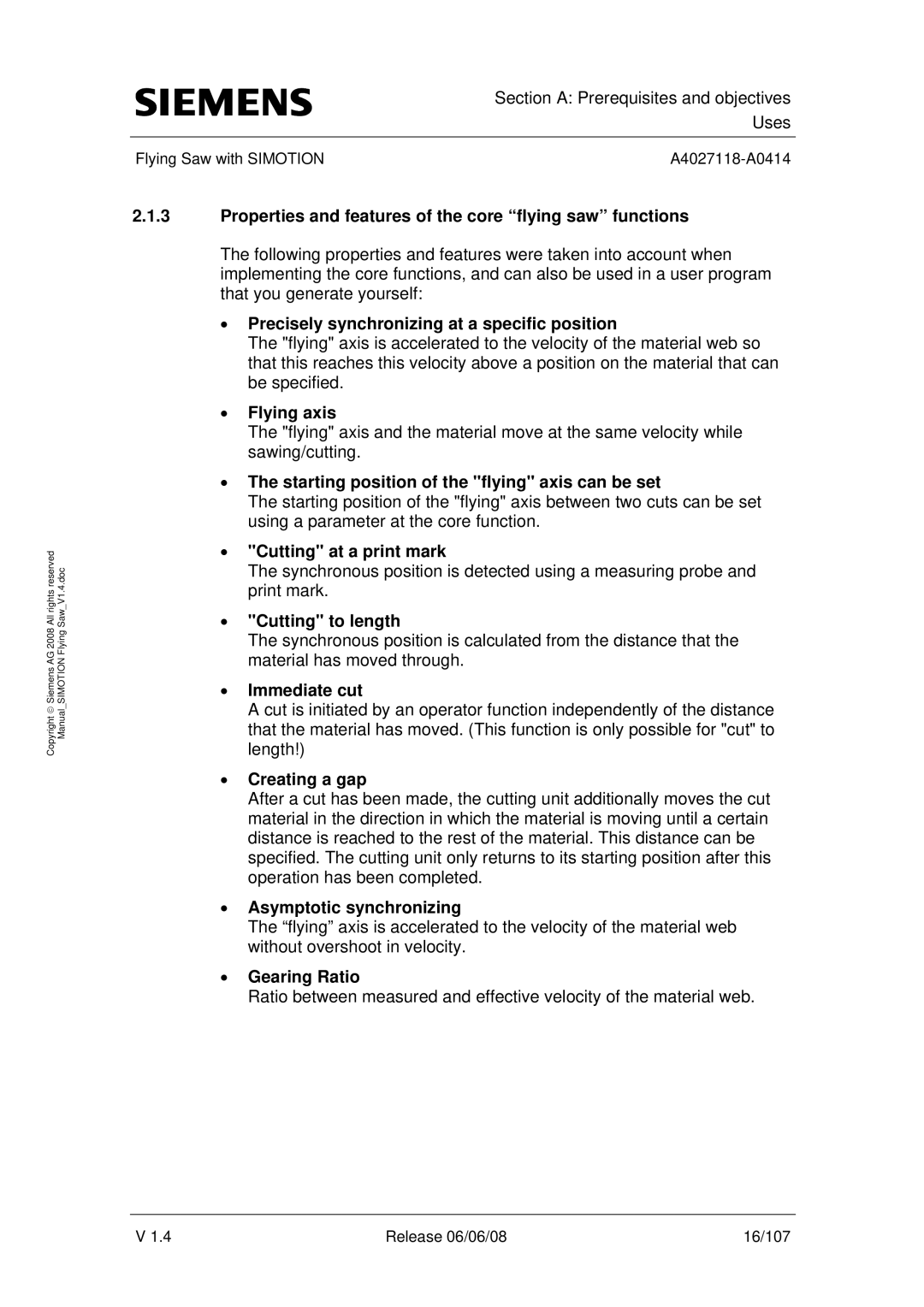 Siemens A4027118-A0414 Properties and features of the core flying saw functions, Flying axis, Cutting at a print mark 