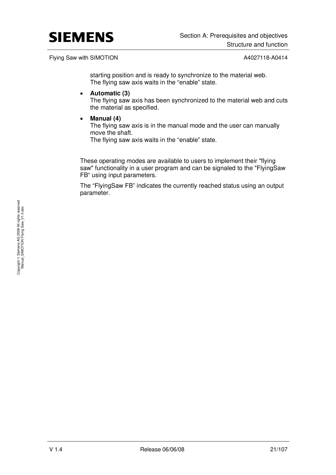 Siemens A4027118-A0414 user manual Automatic, Manual 