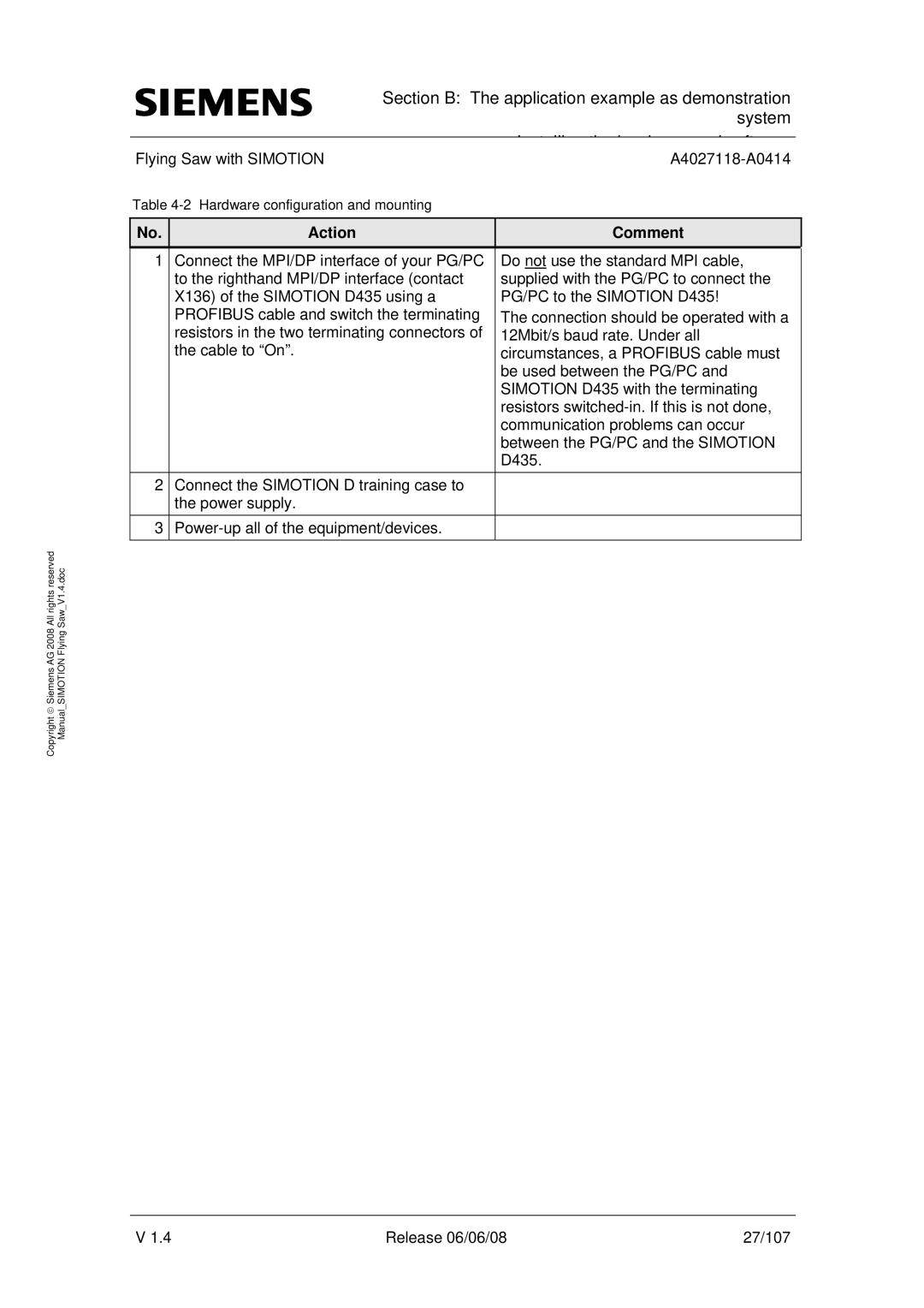 Siemens A4027118-A0414 user manual Action Comment 