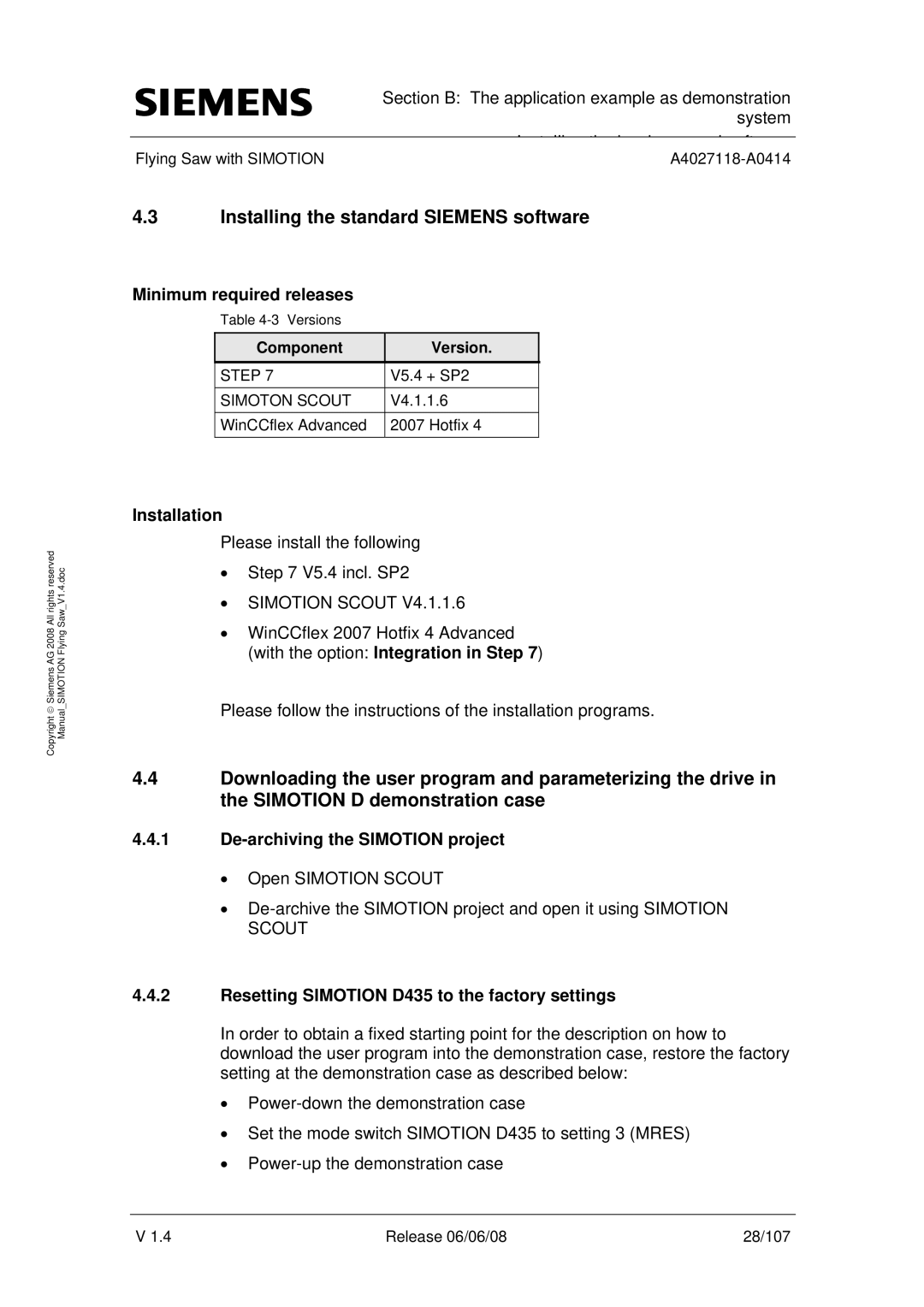 Siemens A4027118-A0414 user manual Installing the standard Siemens software, Minimum required releases, Installation 