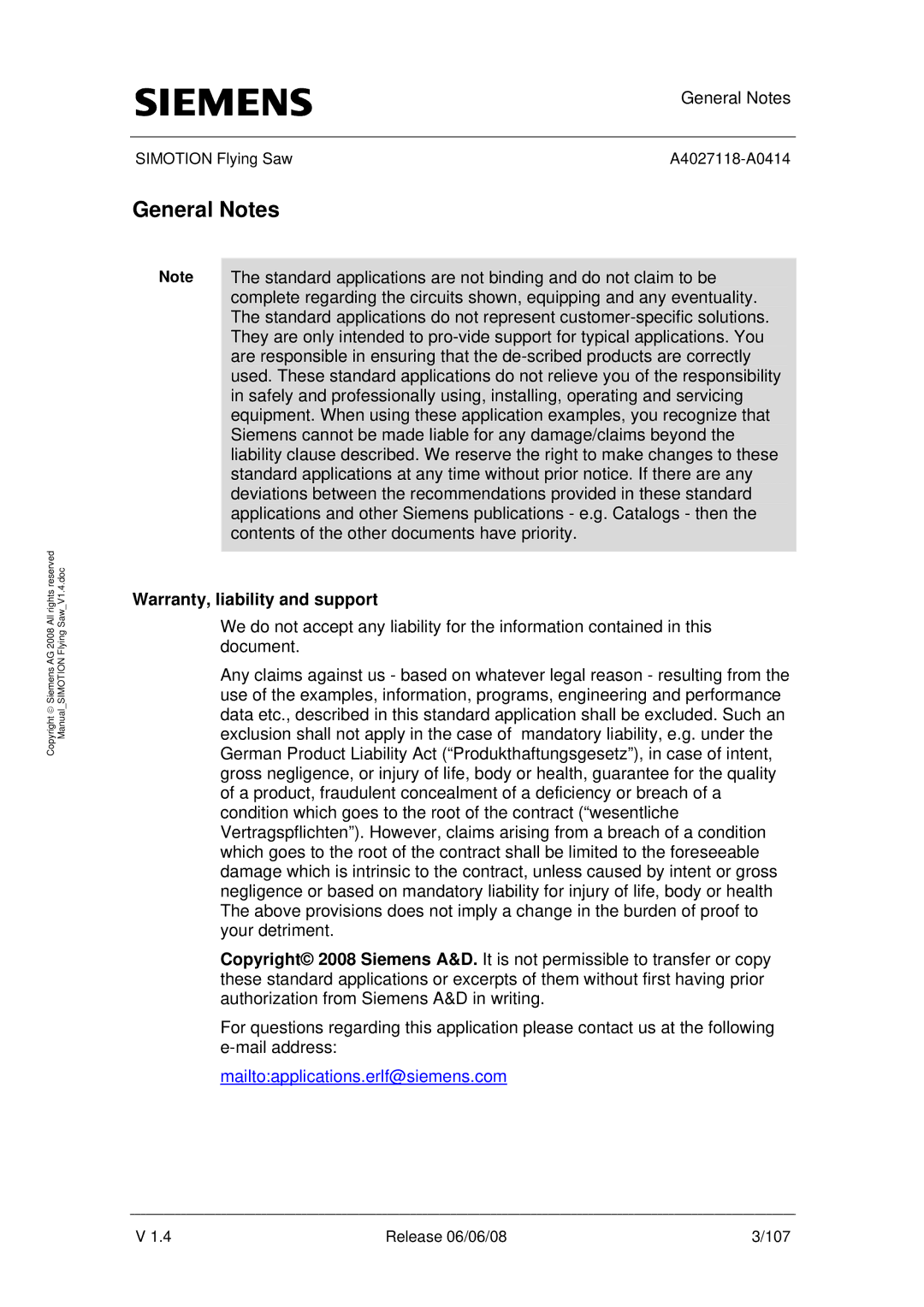 Siemens A4027118-A0414 user manual General Notes, Warranty, liability and support 