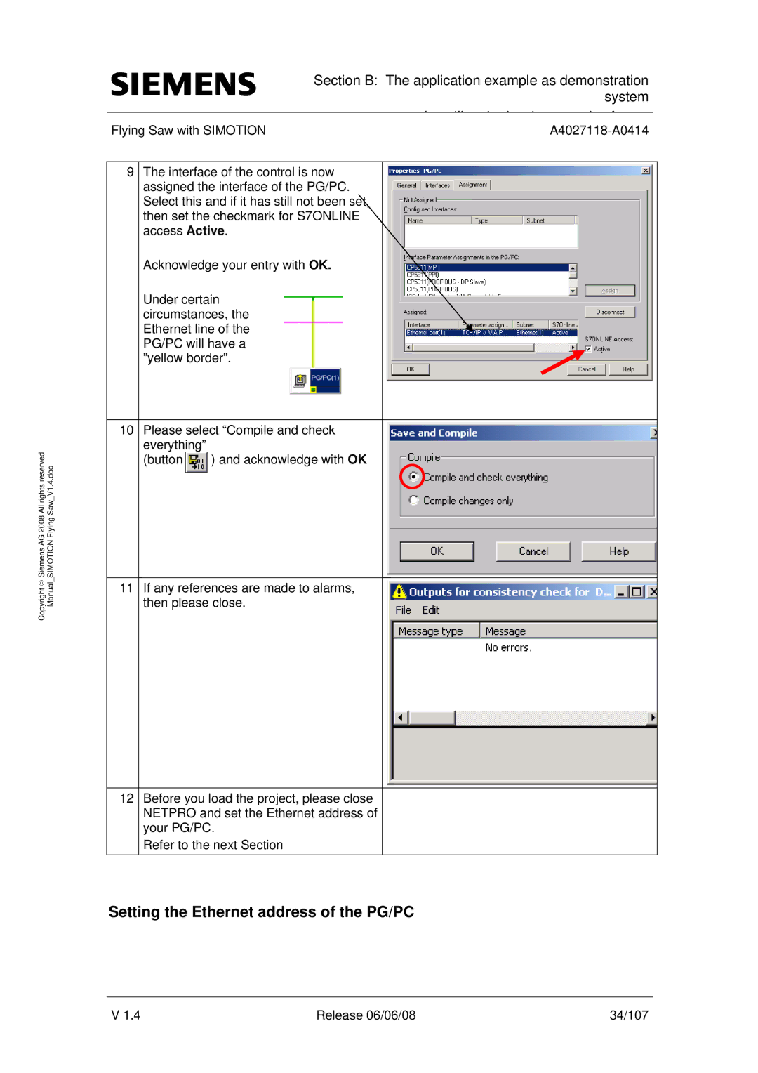 Siemens A4027118-A0414 user manual Setting the Ethernet address of the PG/PC 