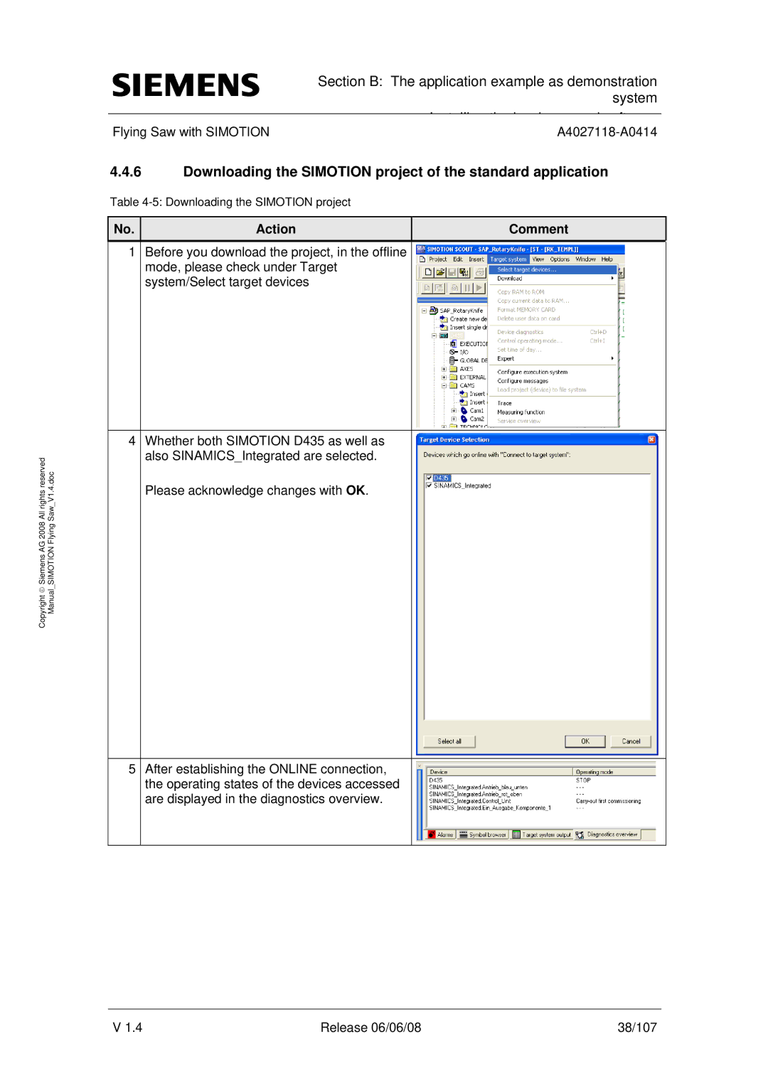 Siemens A4027118-A0414 user manual Downloading the Simotion project of the standard application 