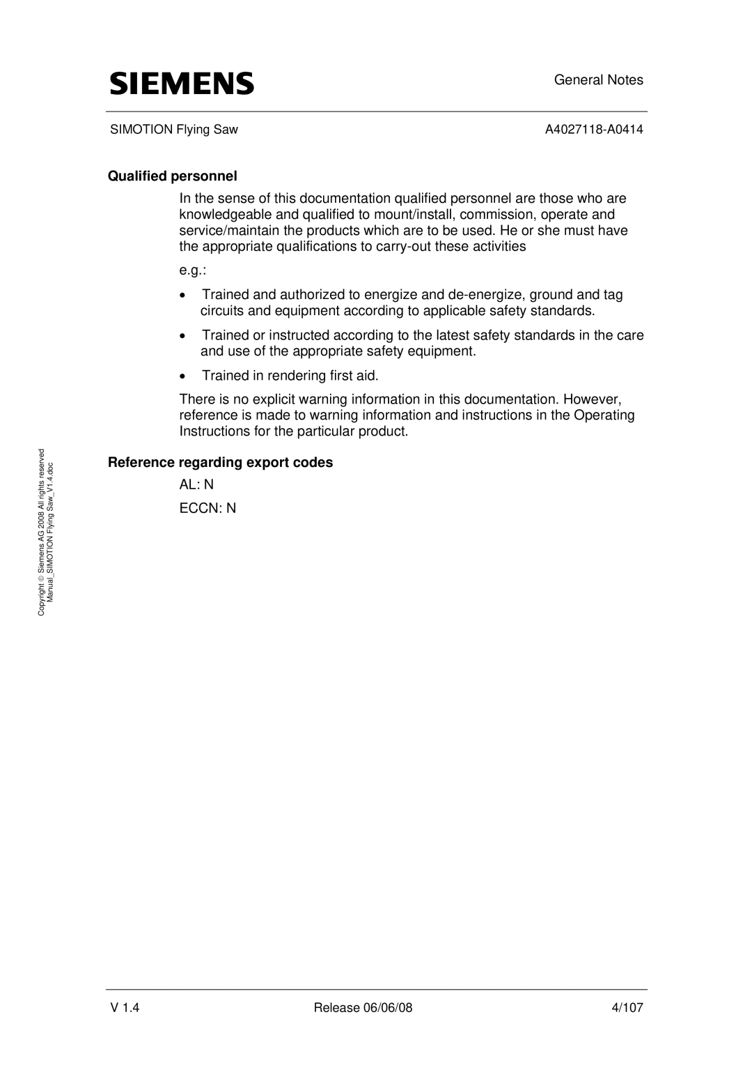 Siemens A4027118-A0414 user manual Qualified personnel, Reference regarding export codes 