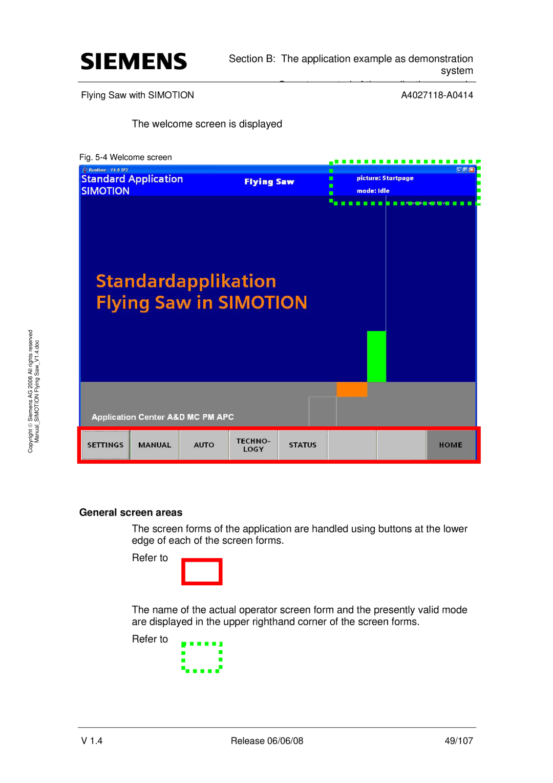 Siemens A4027118-A0414 user manual General screen areas, Welcome screen 