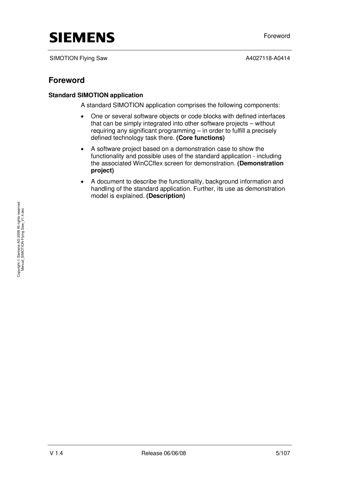 Siemens A4027118-A0414 user manual Foreword, Standard Simotion application 