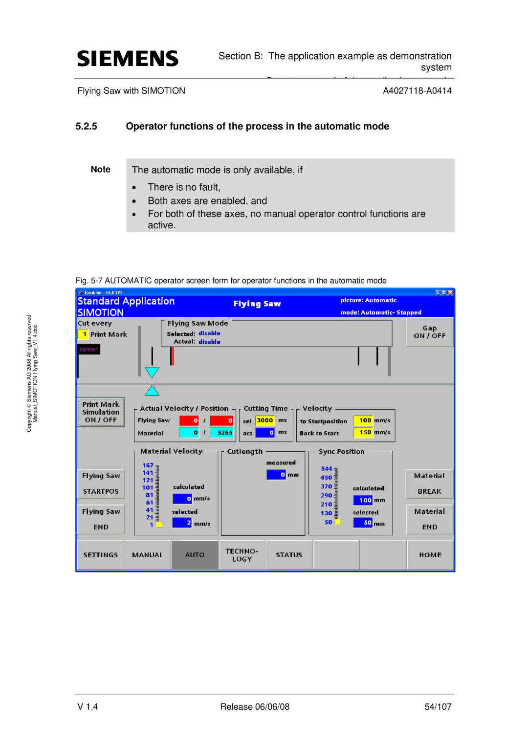 Siemens A4027118-A0414 user manual Operator functions of the process in the automatic mode 