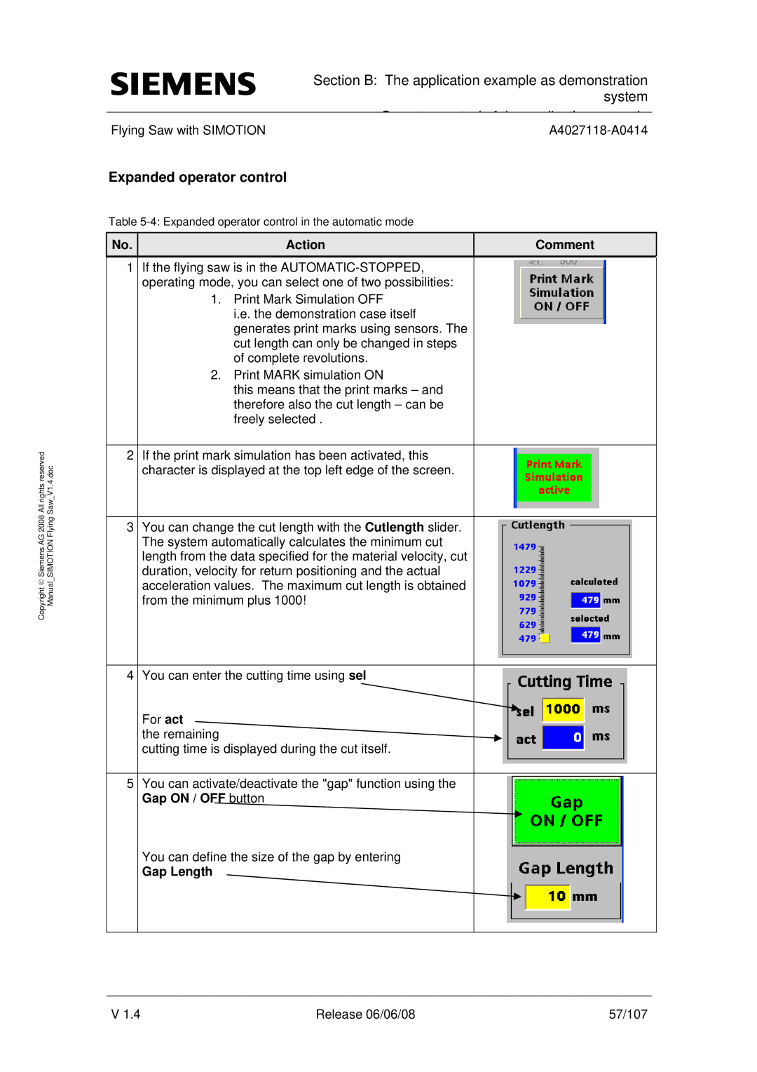 Siemens A4027118-A0414 user manual Expanded operator control, Gap Length 