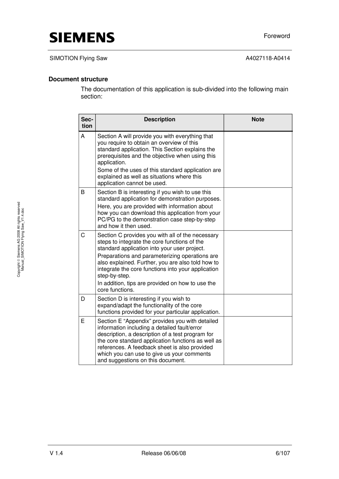 Siemens A4027118-A0414 user manual Document structure, Sec Description Tion 