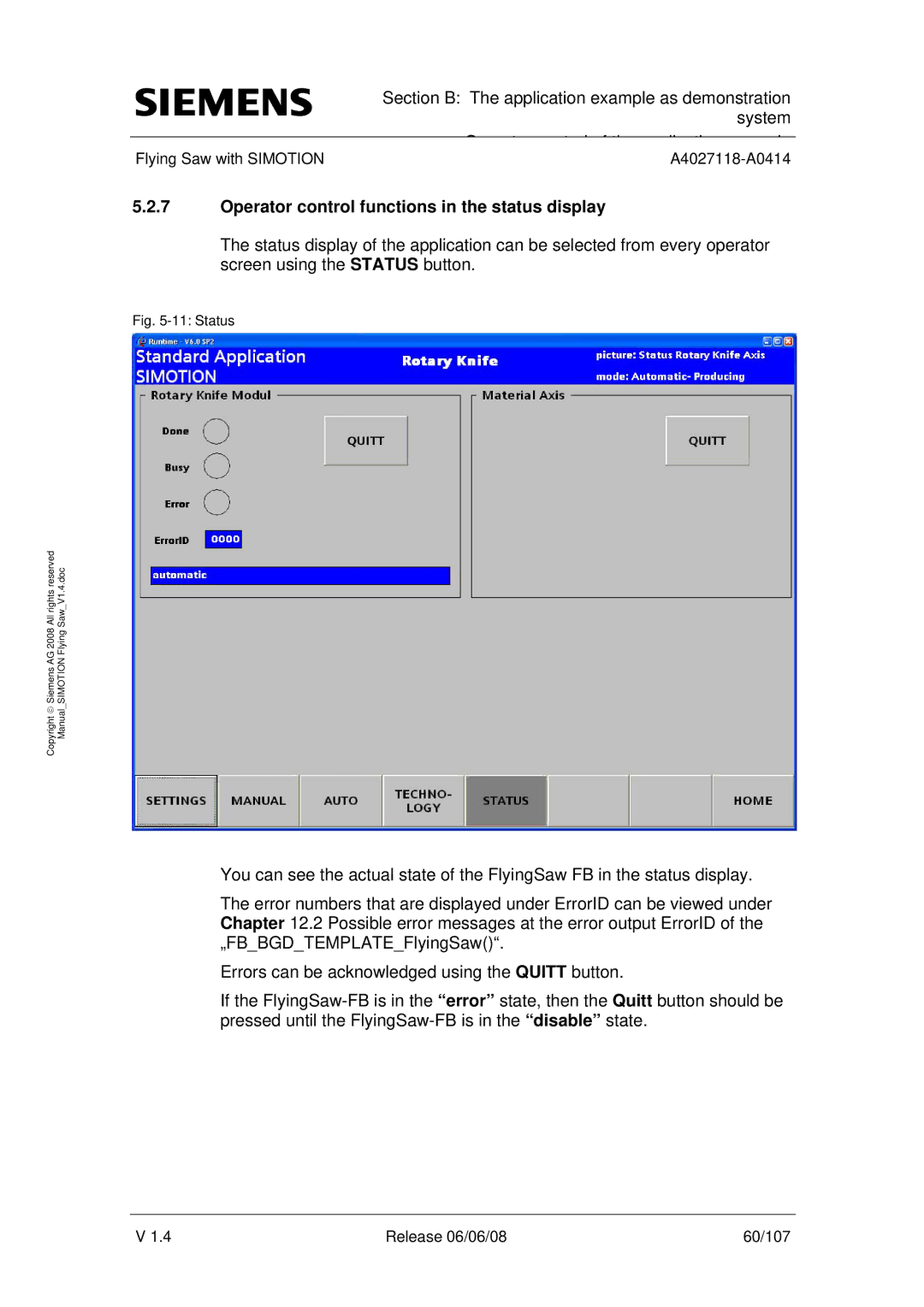 Siemens A4027118-A0414 user manual Operator control functions in the status display, Status 