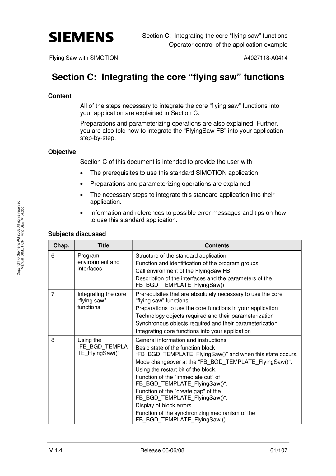 Siemens A4027118-A0414 user manual Section C Integrating the core flying saw functions 