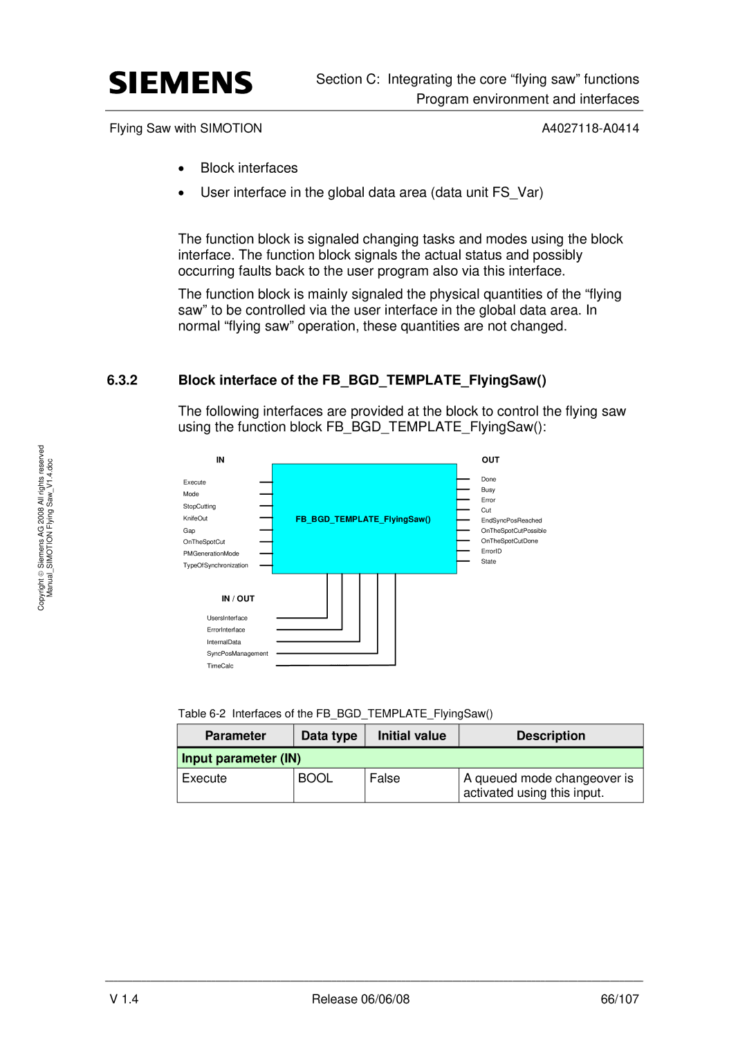 Siemens A4027118-A0414 user manual Block interface of the FBBGDTEMPLATEFlyingSaw 