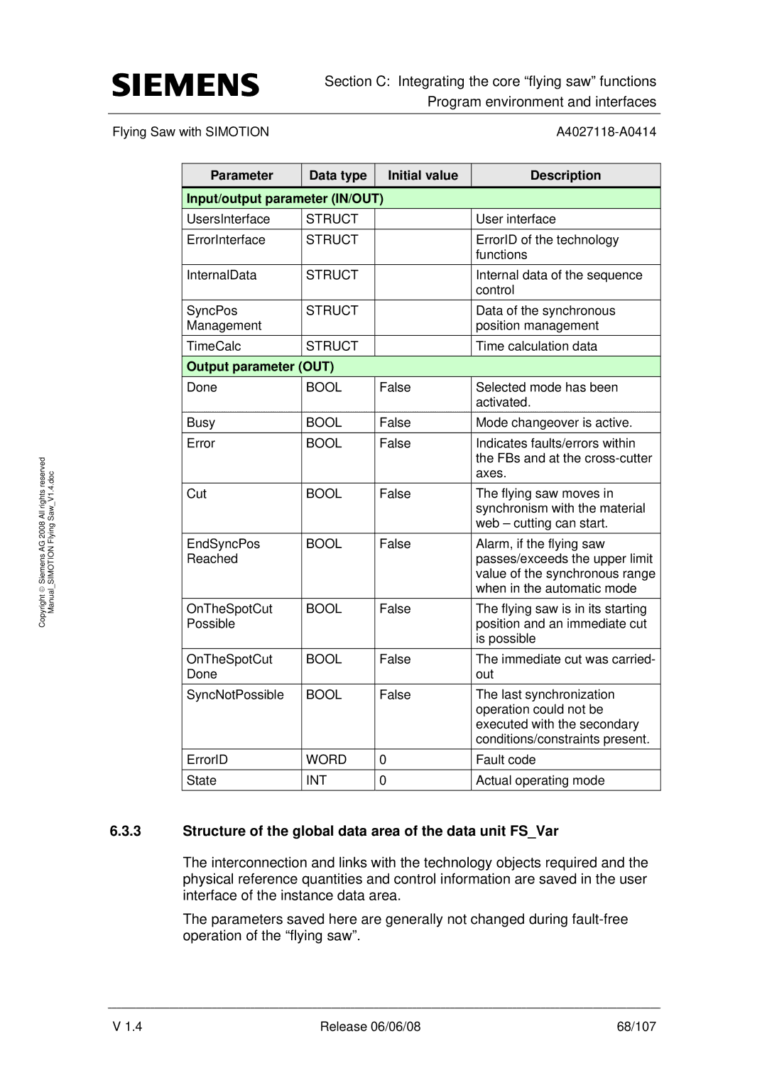 Siemens A4027118-A0414 user manual Structure of the global data area of the data unit FSVar, Output parameter OUT 