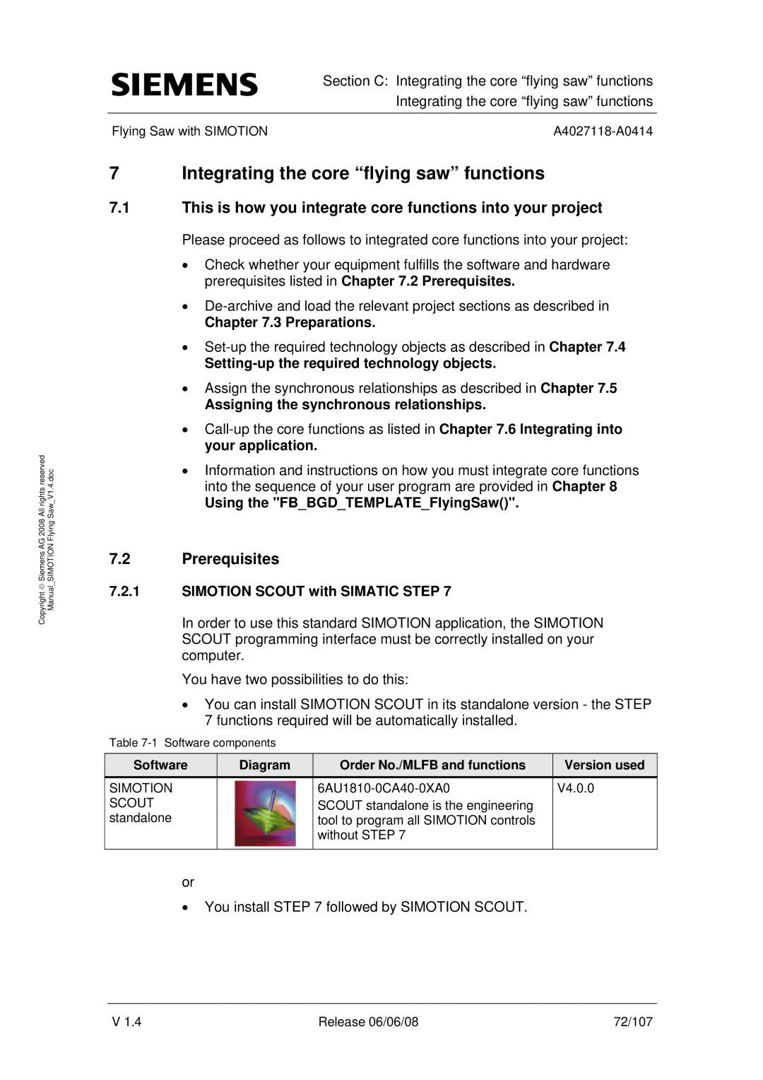 Siemens A4027118-A0414 user manual Integrating the core flying saw functions 