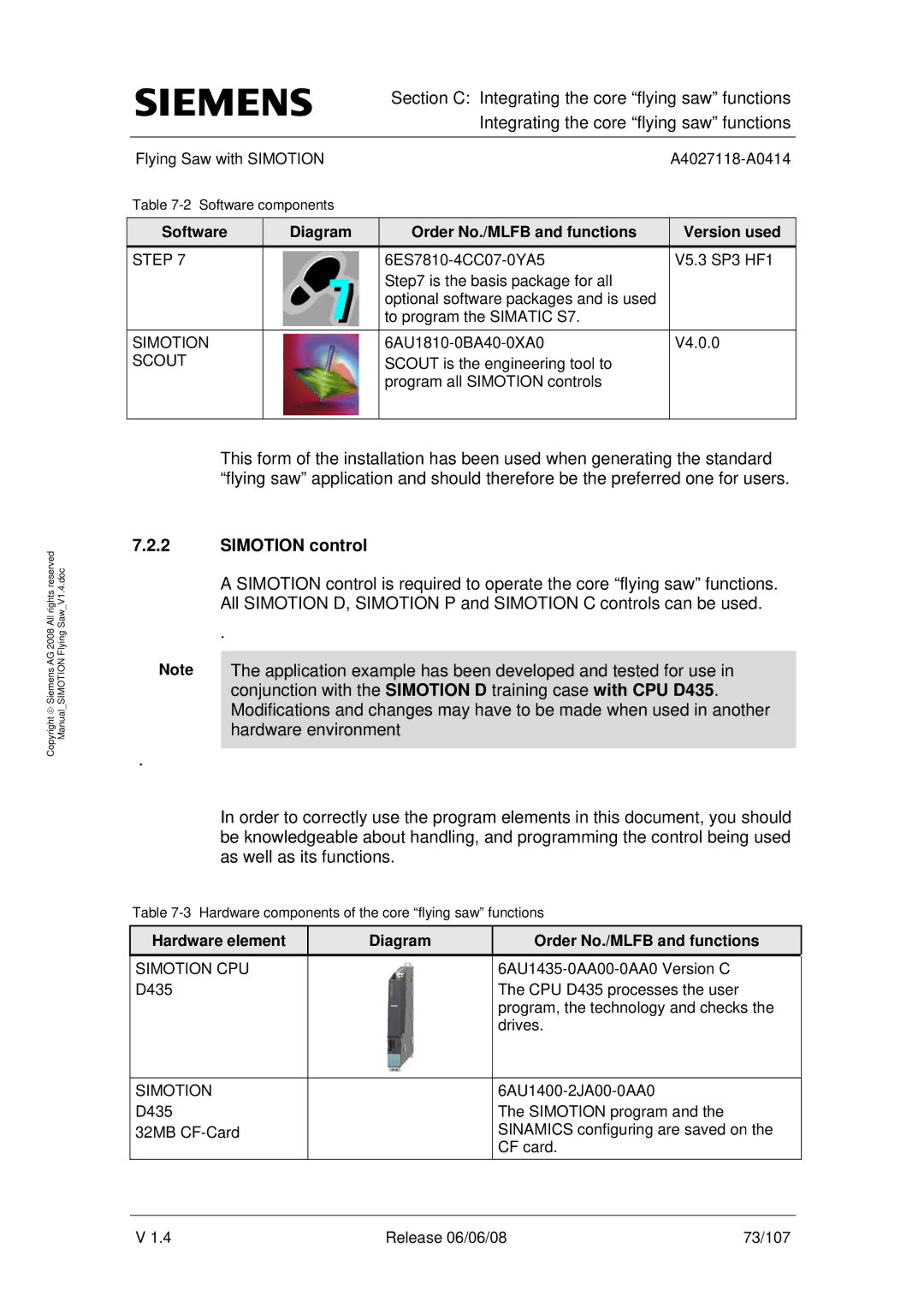 Siemens A4027118-A0414 user manual Simotion control, Hardware element Diagram Order No./MLFB and functions 