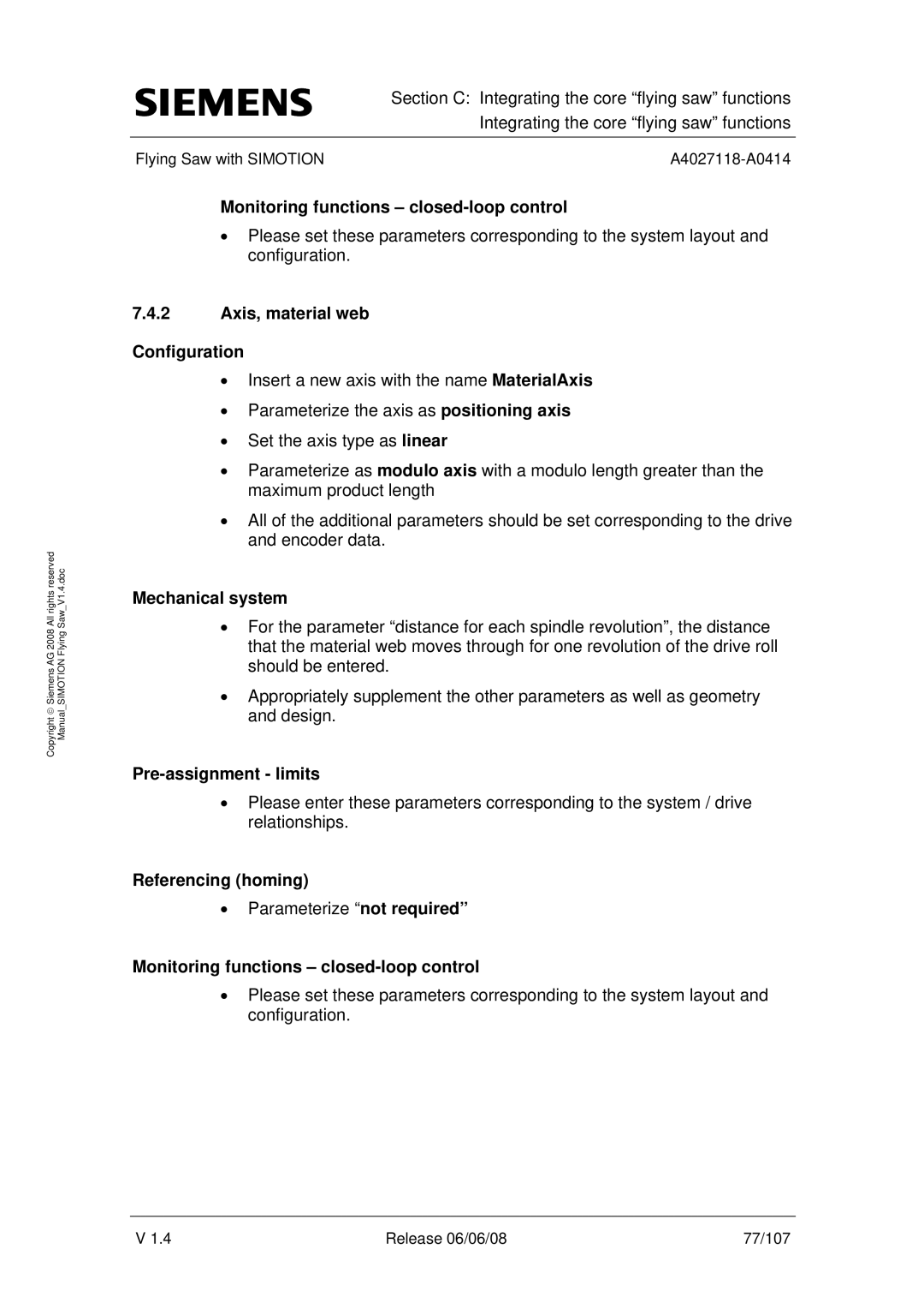 Siemens A4027118-A0414 Monitoring functions closed-loop control, Axis, material web Configuration, Pre-assignment limits 