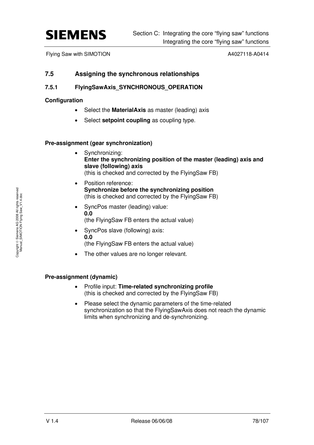 Siemens A4027118-A0414 user manual Assigning the synchronous relationships, FlyingSawAxisSYNCHRONOUSOPERATION Configuration 