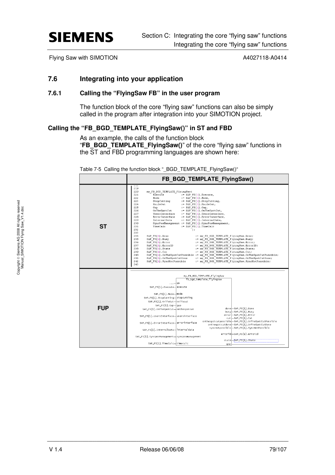 Siemens A4027118-A0414 user manual Integrating into your application, Calling the FlyingSaw FB in the user program 