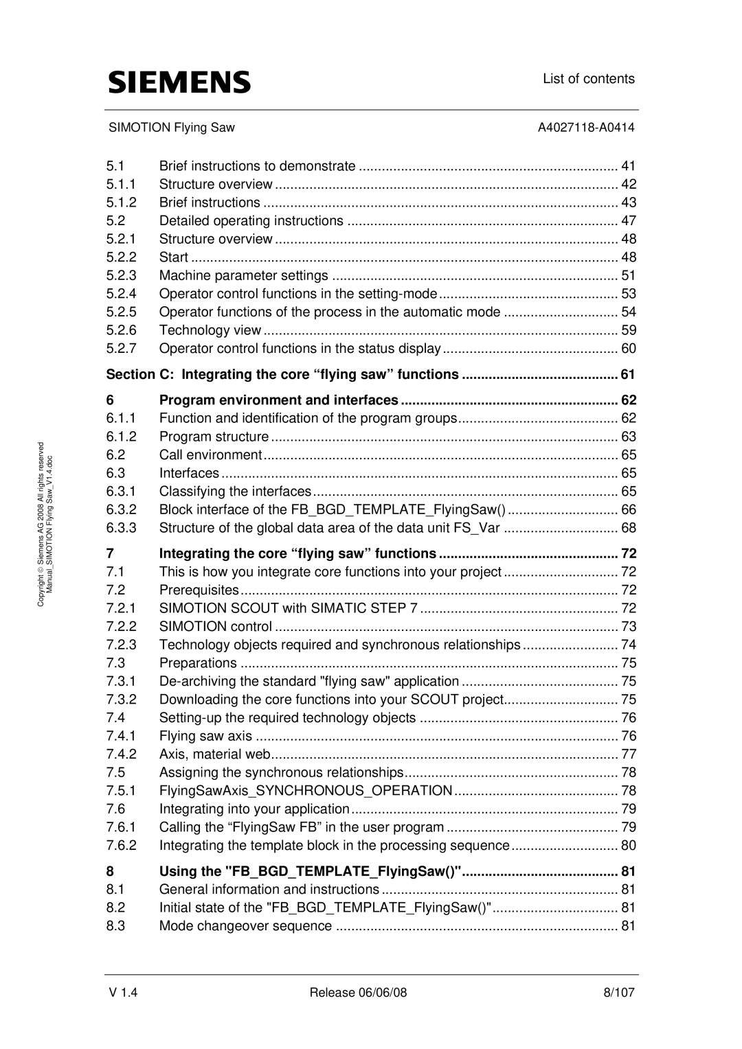 Siemens A4027118-A0414 user manual Integrating the core flying saw functions 