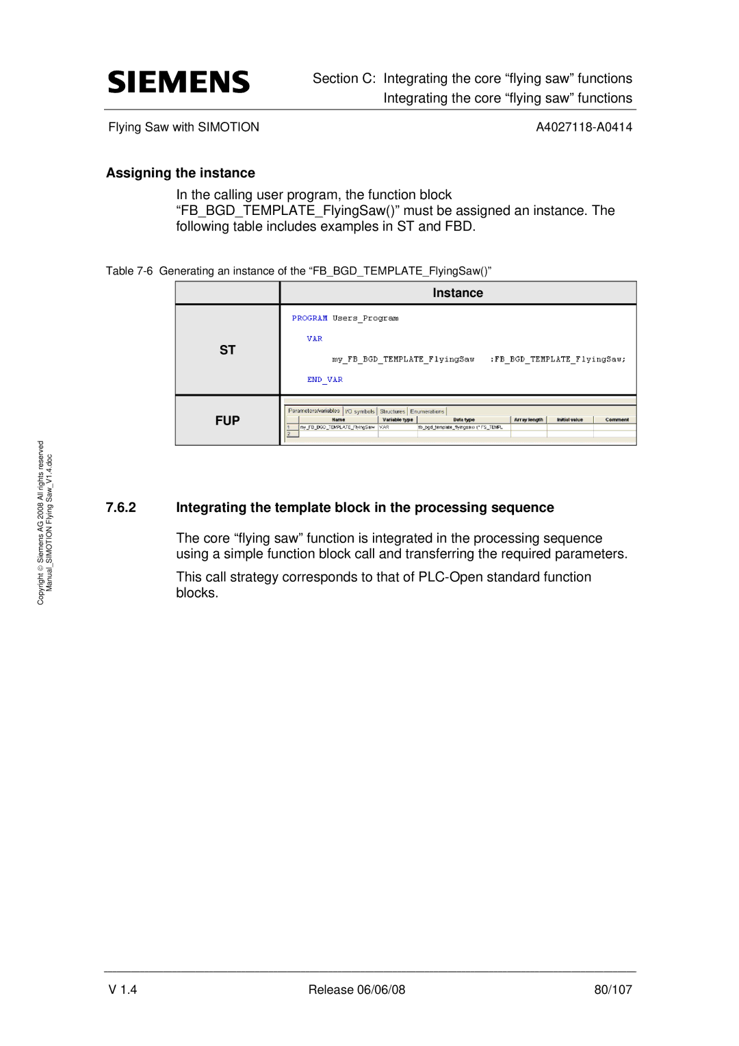 Siemens A4027118-A0414 Assigning the instance, Integrating the template block in the processing sequence, Instance 