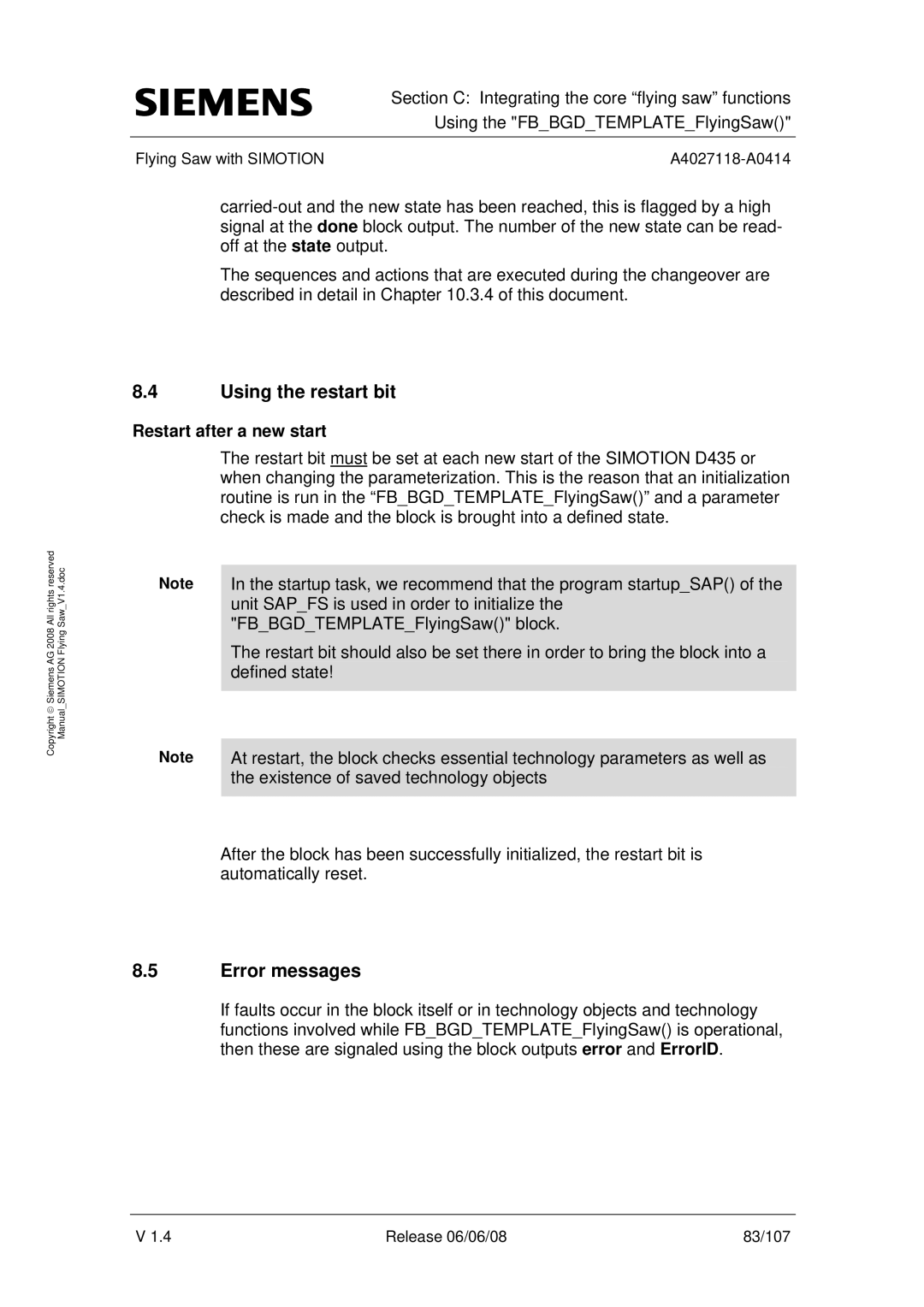 Siemens A4027118-A0414 user manual Using the restart bit, Error messages, Restart after a new start 