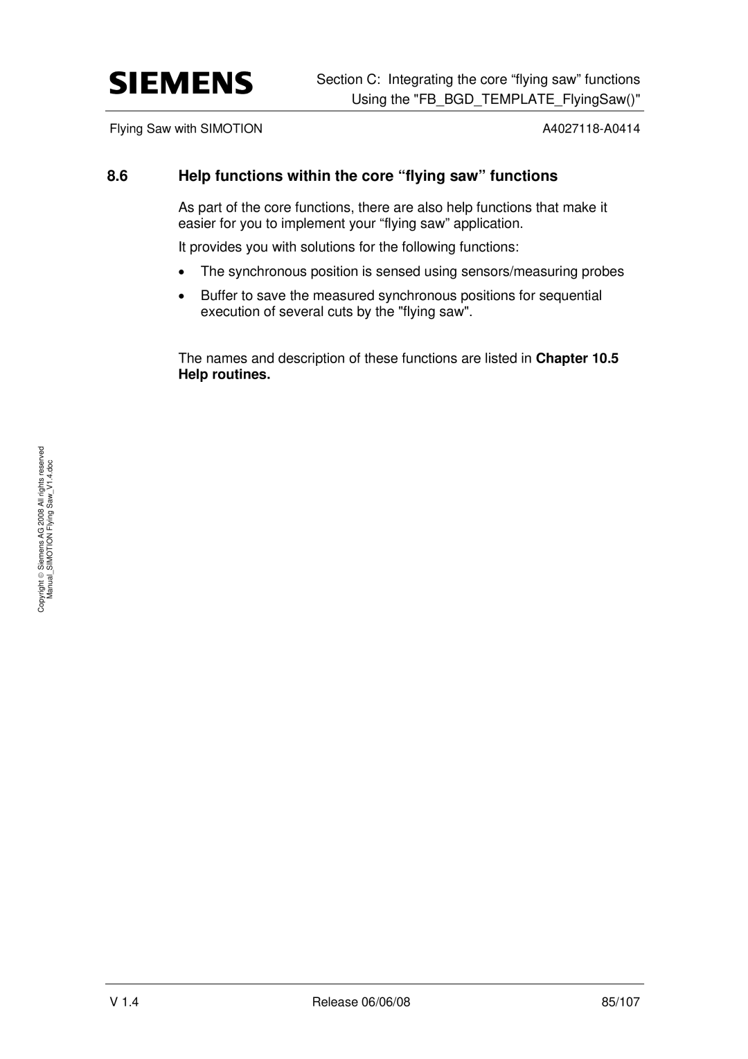 Siemens A4027118-A0414 user manual Help functions within the core flying saw functions, Help routines 