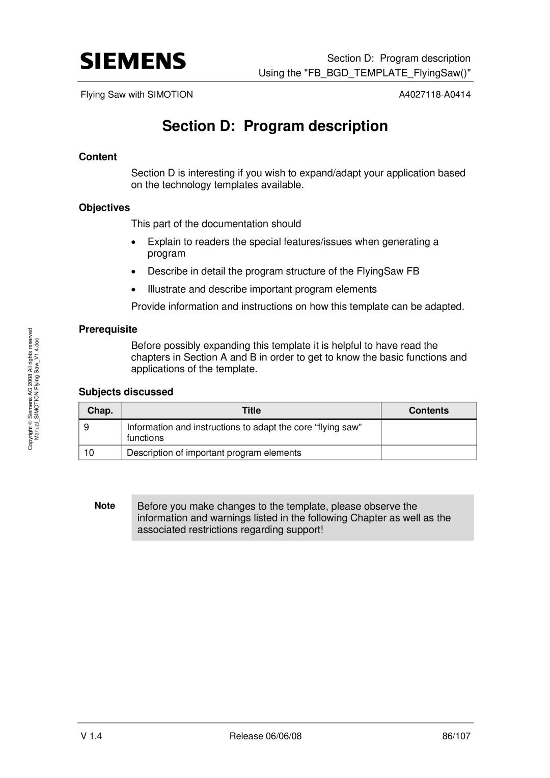 Siemens A4027118-A0414 user manual Section D Program description, Objectives 