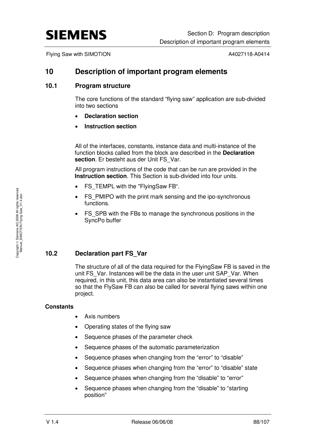 Siemens A4027118-A0414 Description of important program elements, Program structure, Declaration part FSVar, Constants 