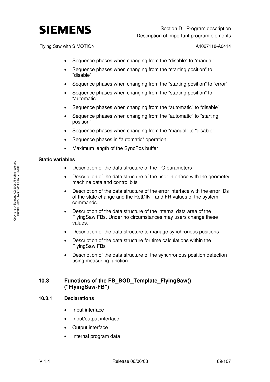 Siemens A4027118-A0414 user manual Functions of the FBBGDTemplateFlyingSaw FlyingSaw-FB, Static variables, Declarations 