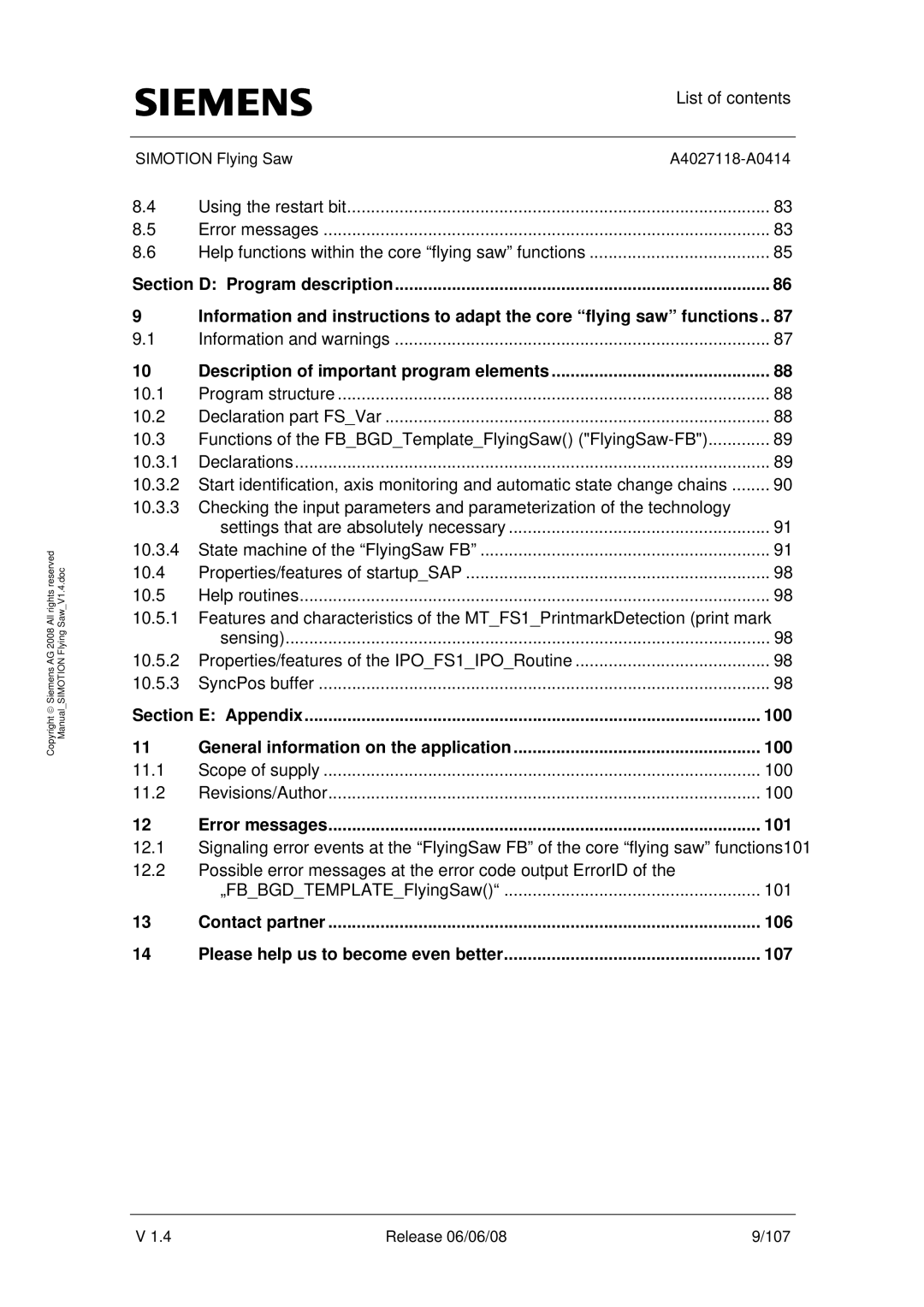 Siemens A4027118-A0414 user manual Description of important program elements, Error messages 101 