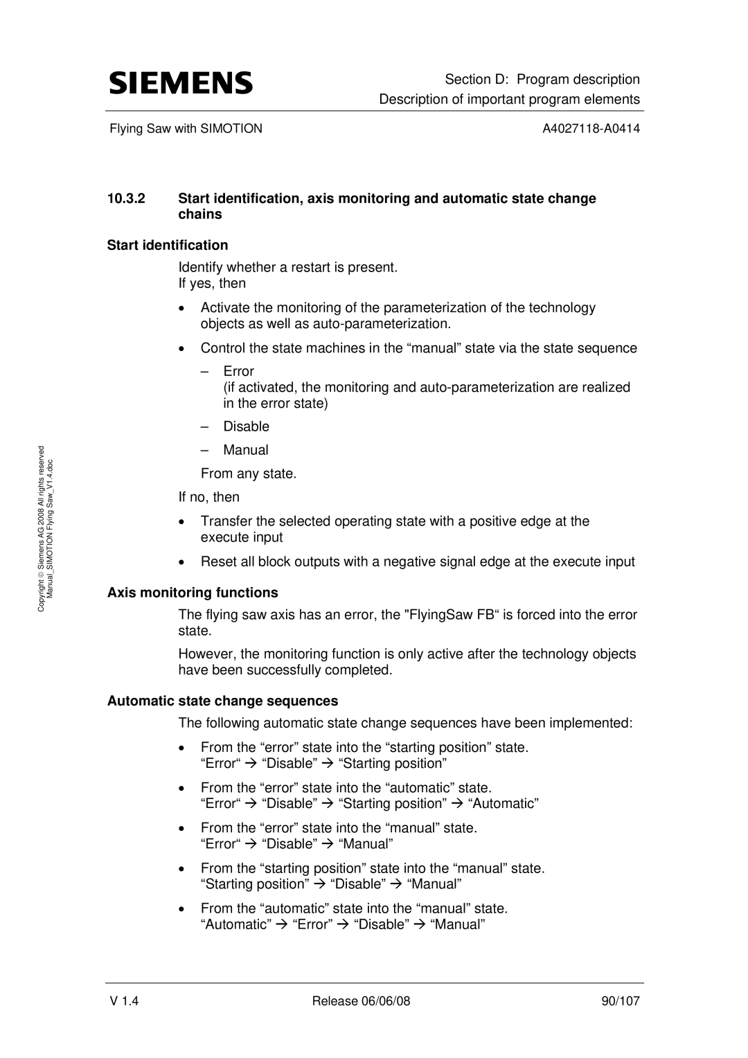 Siemens A4027118-A0414 user manual Axis monitoring functions, Automatic state change sequences 