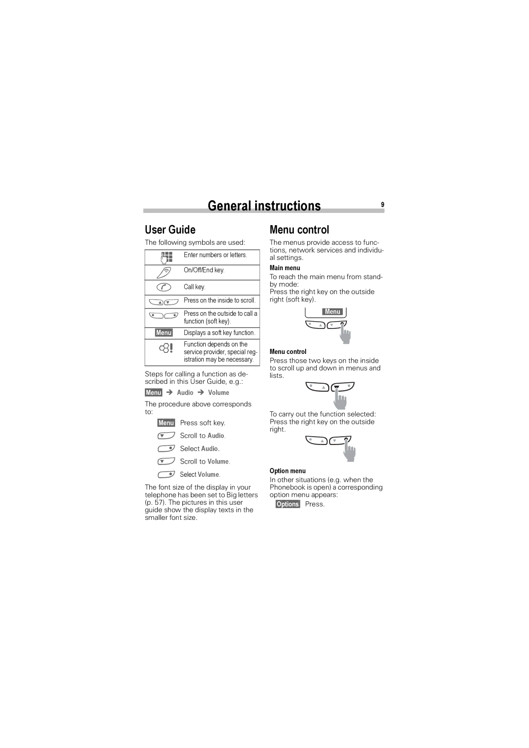 Siemens A50 manual General instructions, User Guide, Menu control, §Menu§ Î Audio Î Volume, §Options§ Press 