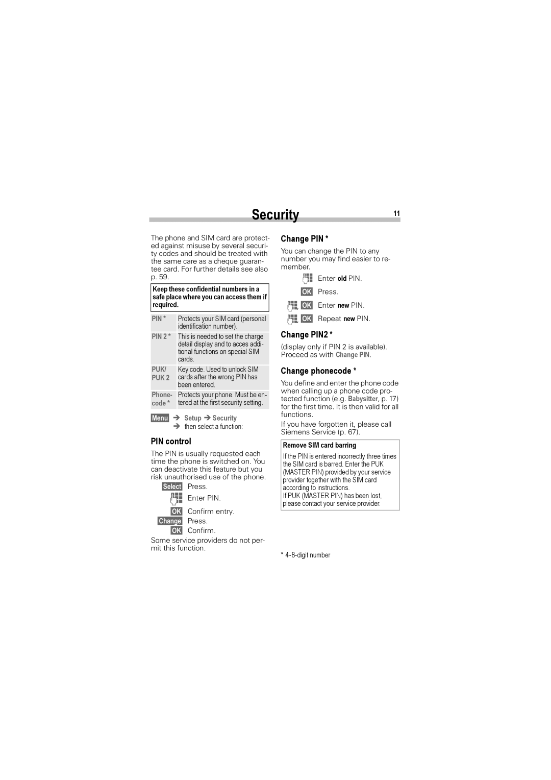 Siemens A50 manual Security11, PIN control, Change PIN2, Change phonecode 