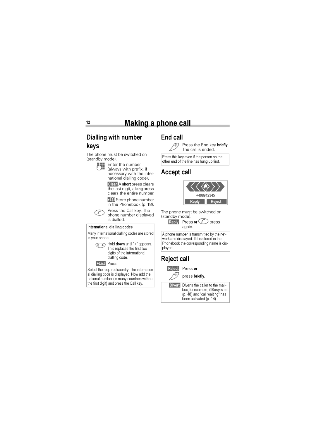 Siemens A50 manual Making a phone call, Dialling with number keys, End call, Accept call, Reject call 