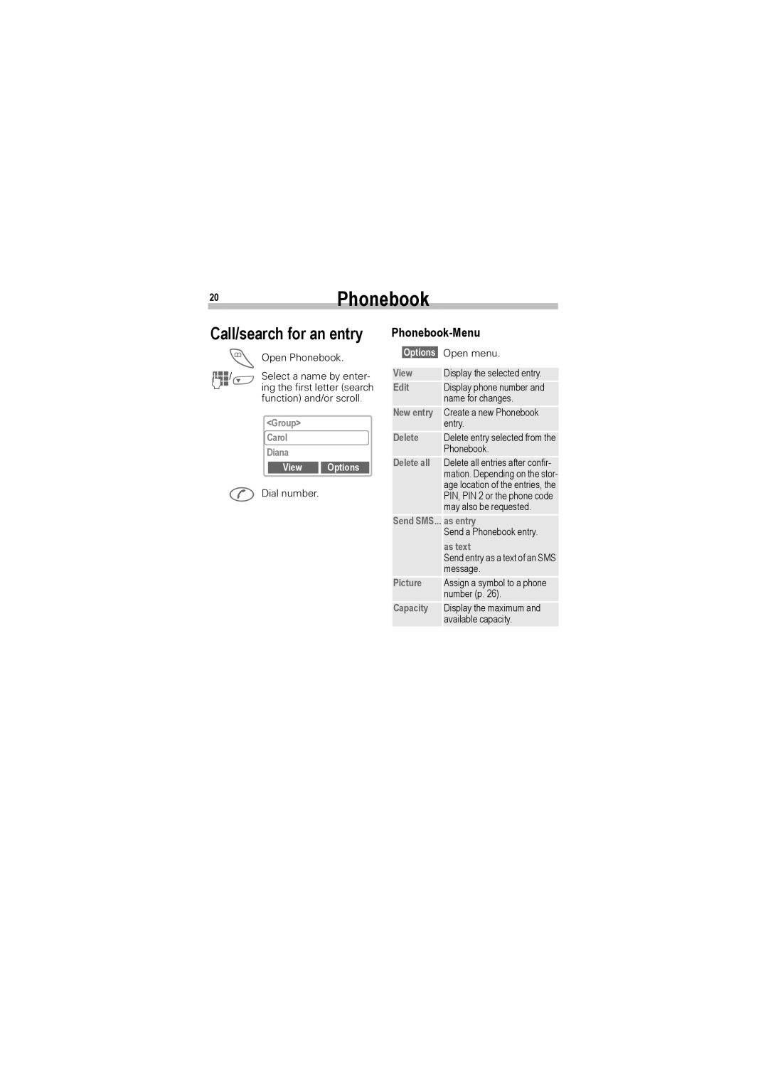 Siemens A50 manual 20Phonebook, Call/search for an entry, Phonebook-Menu, View Options 