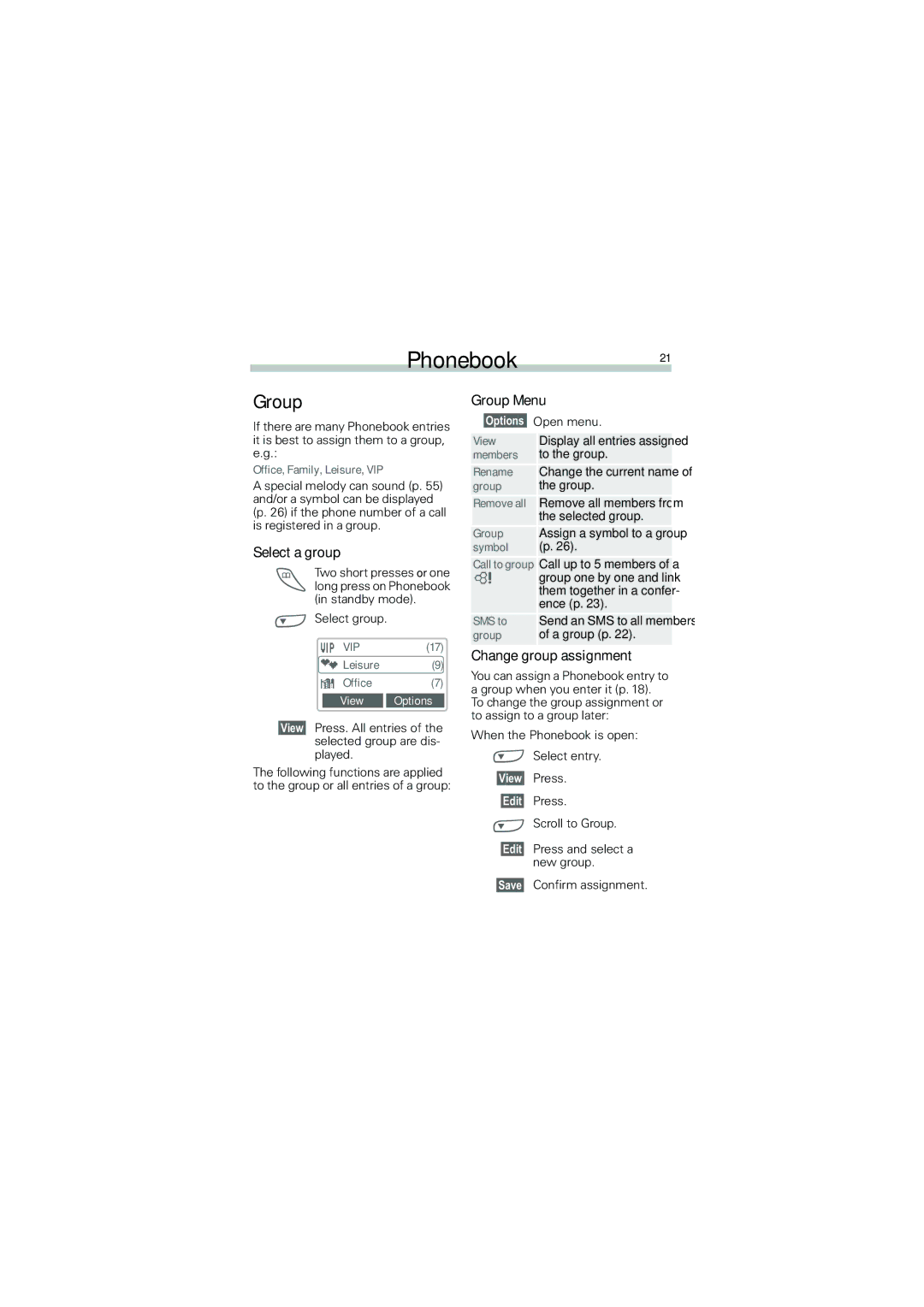 Siemens A50 manual Phonebook21, Select a group, Group Menu, Change group assignment 