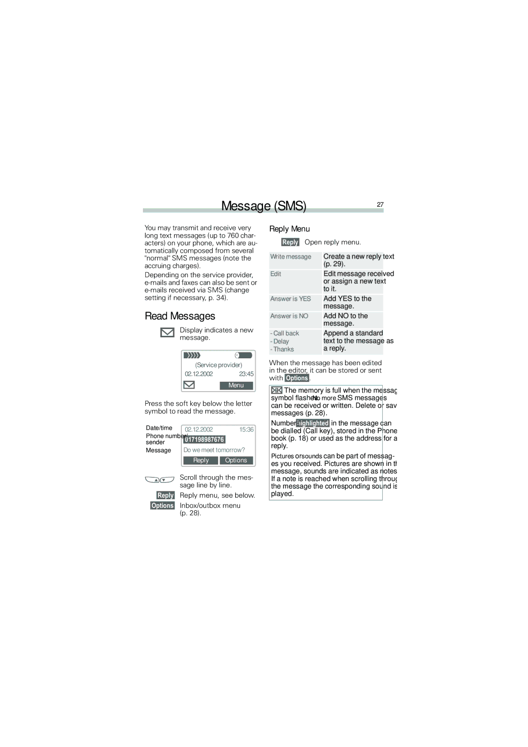 Siemens A50 manual Message SMS, Read Messages, Reply Menu, Reply Options 