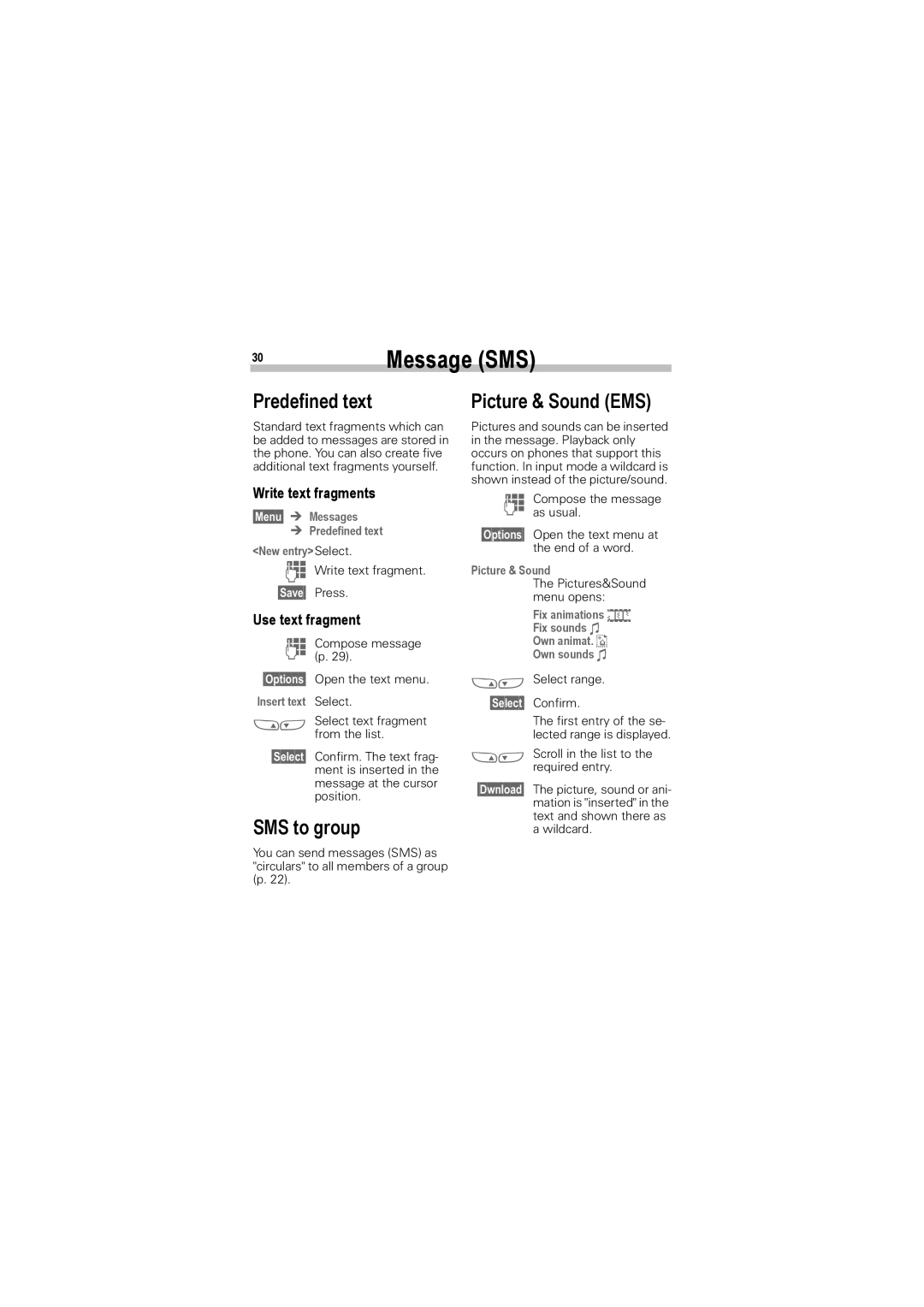 Siemens A50 manual Predefined text, SMS to group Picture & Sound EMS, Write text fragments, Use text fragment 