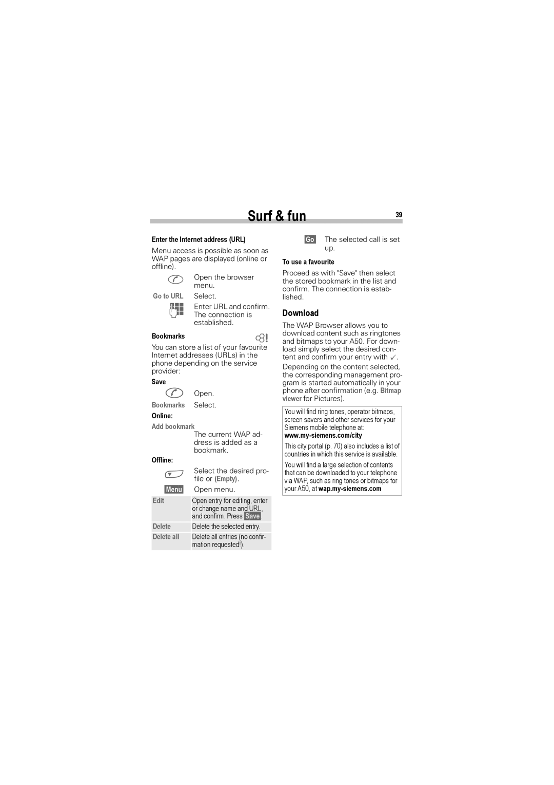 Siemens A50 manual Download, Bookmarks Select, Add bookmark 