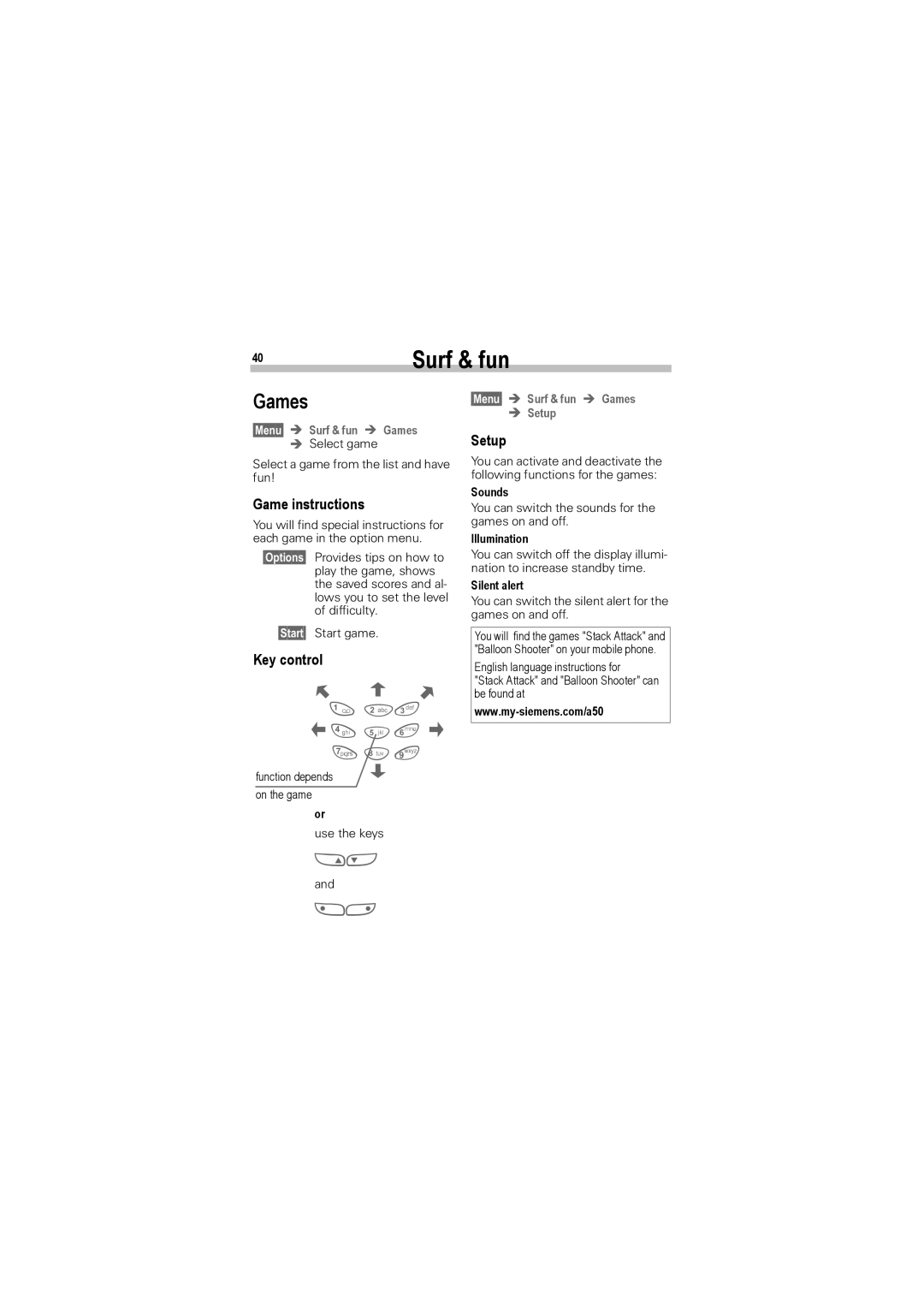 Siemens A50 manual Game instructions, Key control, §Menu§ Î Surf & fun Î Games Setup 