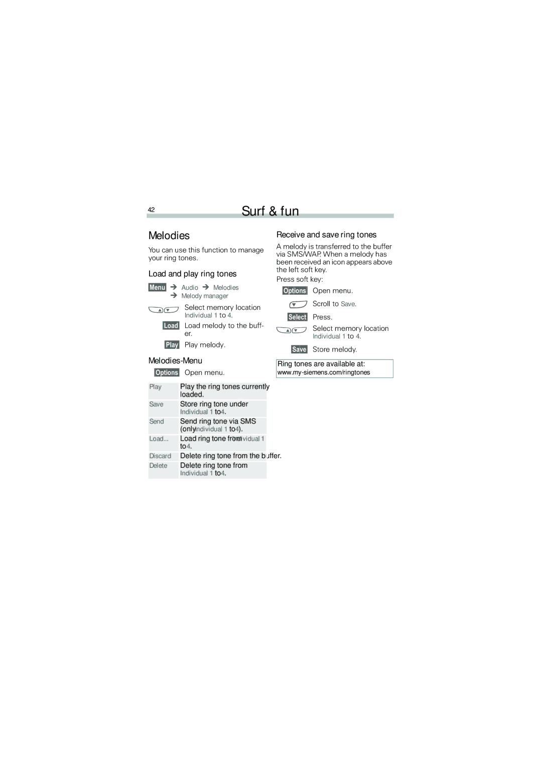 Siemens A50 manual Load and play ring tones, Melodies-Menu, Receive and save ring tones 